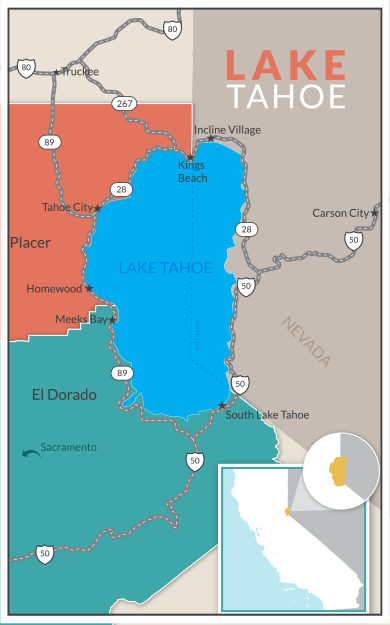 Lake Tahoe Map, Copyright 2015 DogTrekker.com